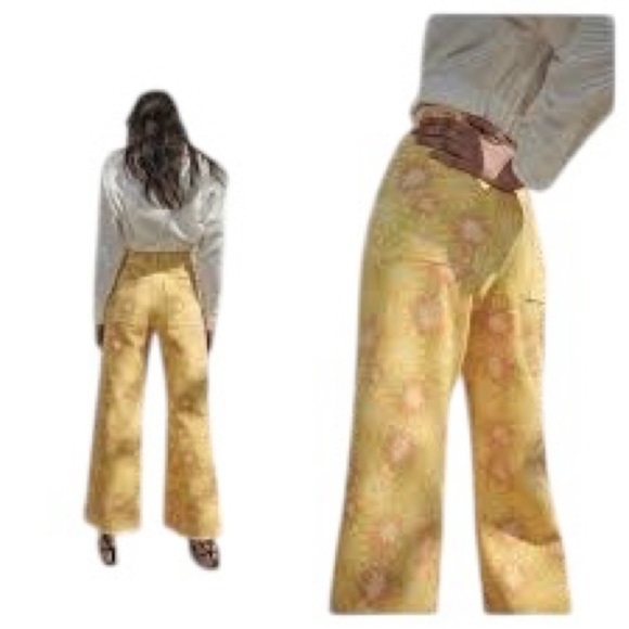 Zara Marine Straight High Waisted Yellow Sun Flower Denim Jean Sz 4 Ragged Hem - Picture 7 of 10